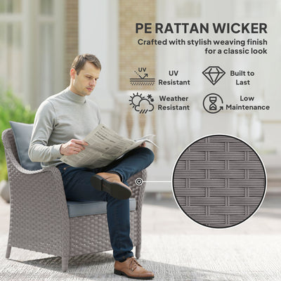 Outsunny Rattan Garden Chairs Set of 2, Outdoor Rattan Chairs with Cushions, Armrests and High Back, PE Wicker Garden Armchair with Steel Frame for Balcony, Porch, Light Grey 