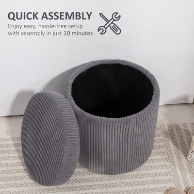 HOMCOM 40cm Round Storage Ottoman, Corduroy Footstool with Removable Lid and Legs, Vanity Stool for Living Room, Bedroom, Grey 