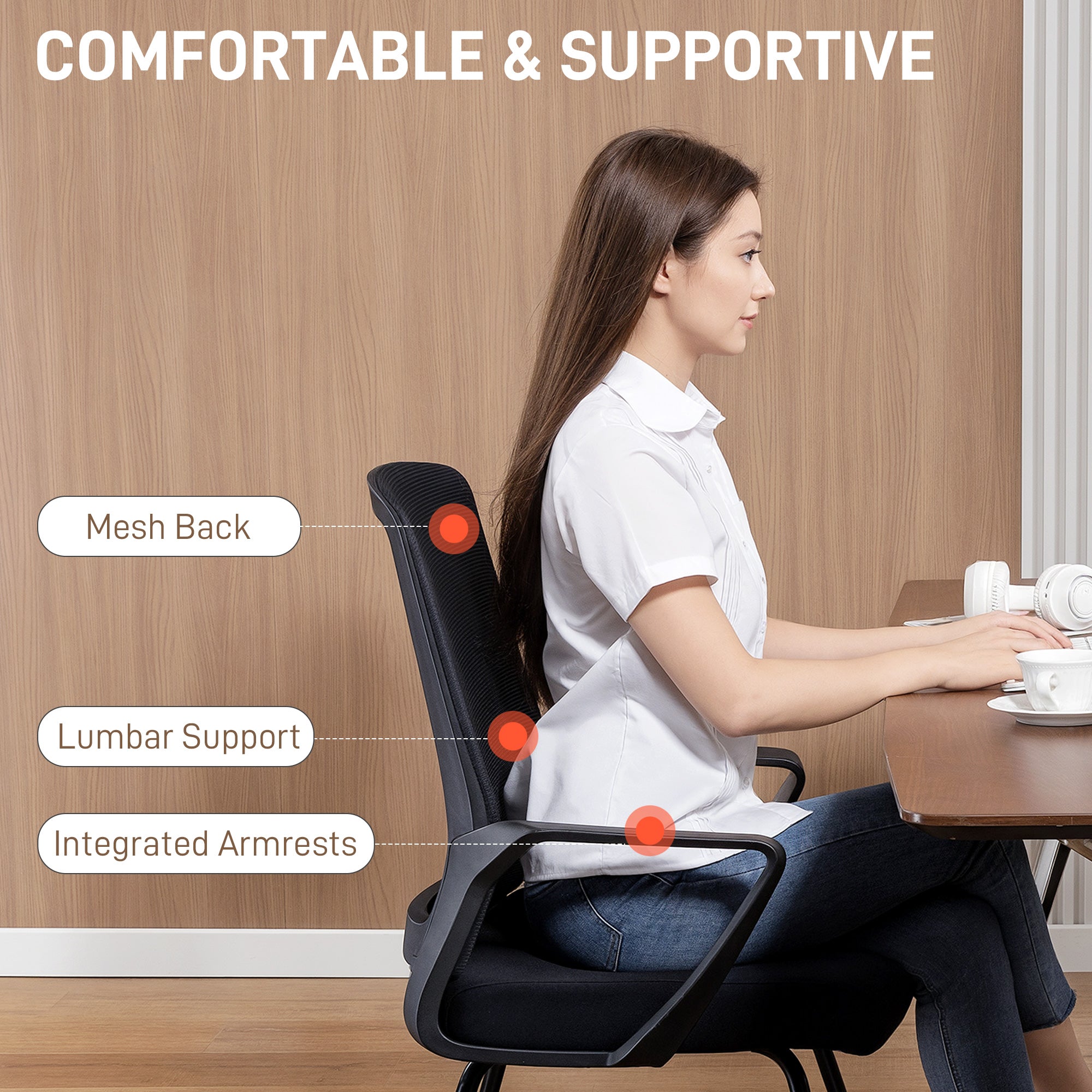 HOMCOM Desk Chair No Wheels, Office Chair with Mesh Back, Lumbar Support, Metal Base for Waiting Room, Conference Room, Black 