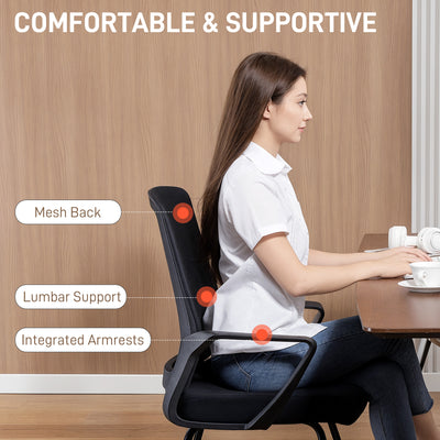 HOMCOM Desk Chair No Wheels, Office Chair with Mesh Back, Lumbar Support, Metal Base for Waiting Room, Conference Room, Black 