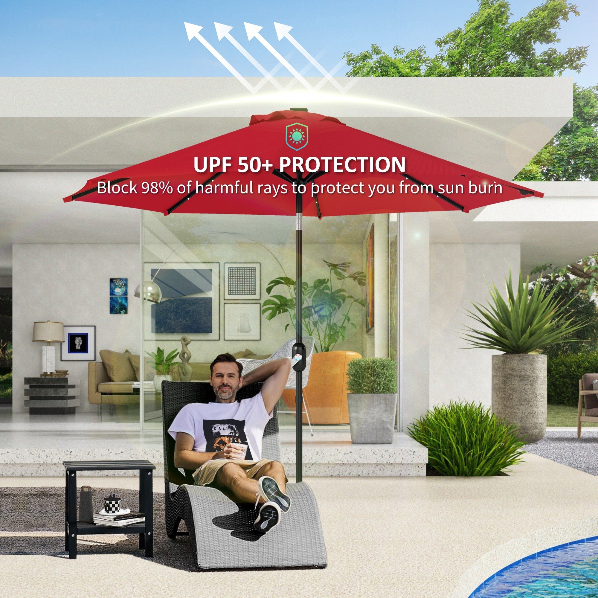 Outsunny 3 m Replacement Parasol Canopy with Top Vent, UPF 50+ Garden Parasol Replacement Canopy, 8 Rib Parasol Cover Replacement Fits Various Frames, Red 