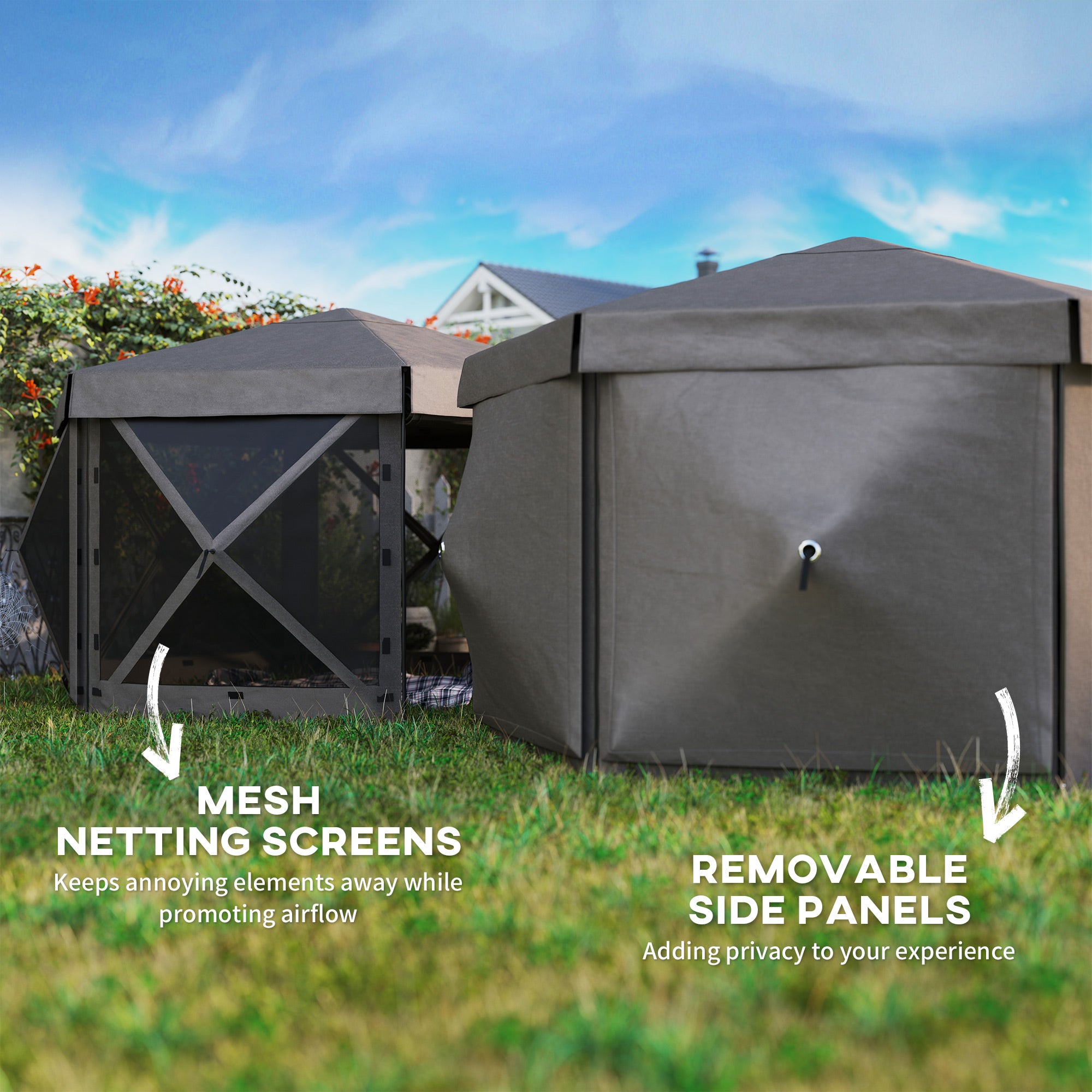 Outsunny 3 x 3(m) Hexagon Pop Up Gazebo with 5 Sides and Carry Bag, Waterproof, UV Resistant Party Tent Instant Event Shelter with Netting for Garden, Patio, Brown