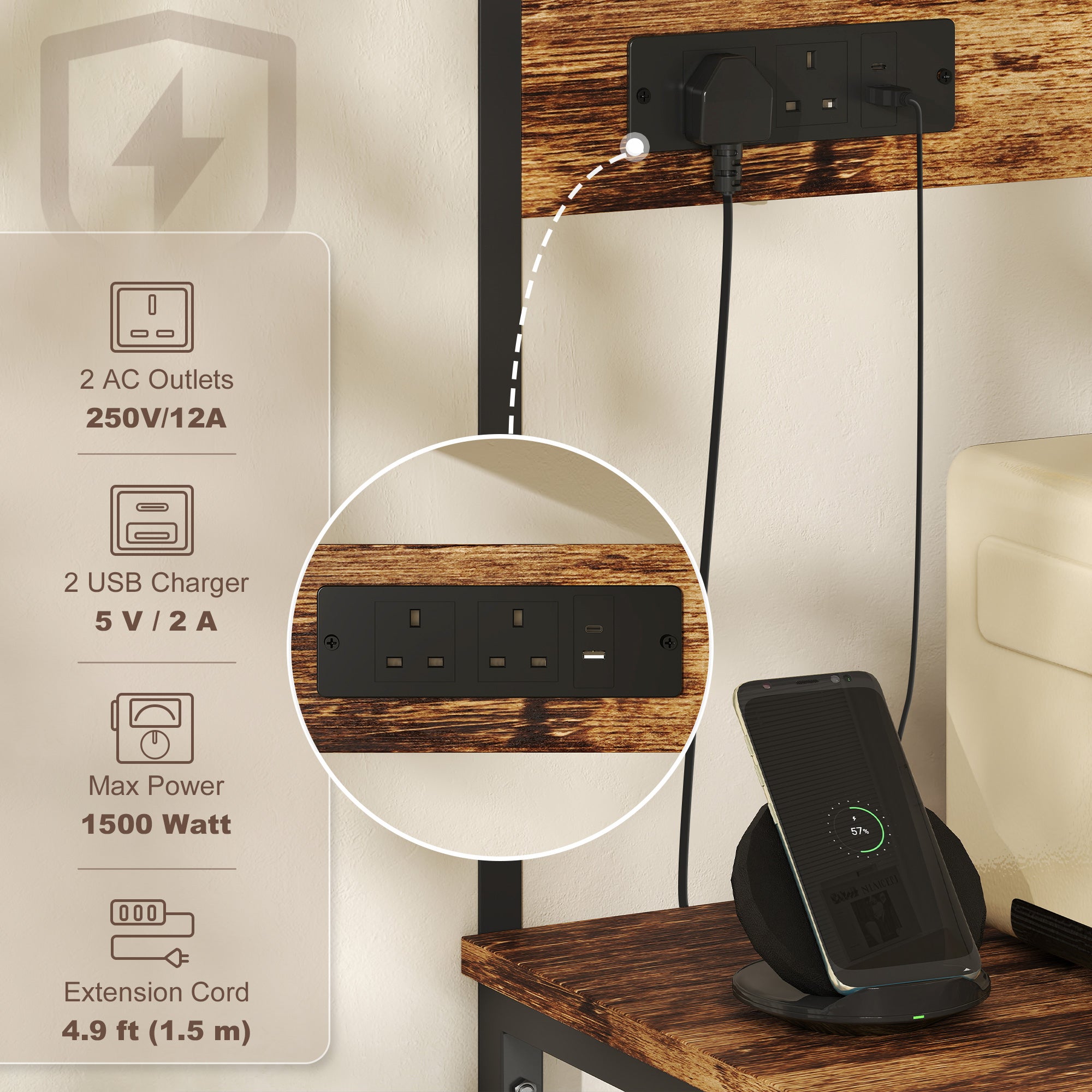 HOMCOM Kitchen Storage Rack, Bakers Rack with Power Outlet, USB Charger, Rustic Brown 