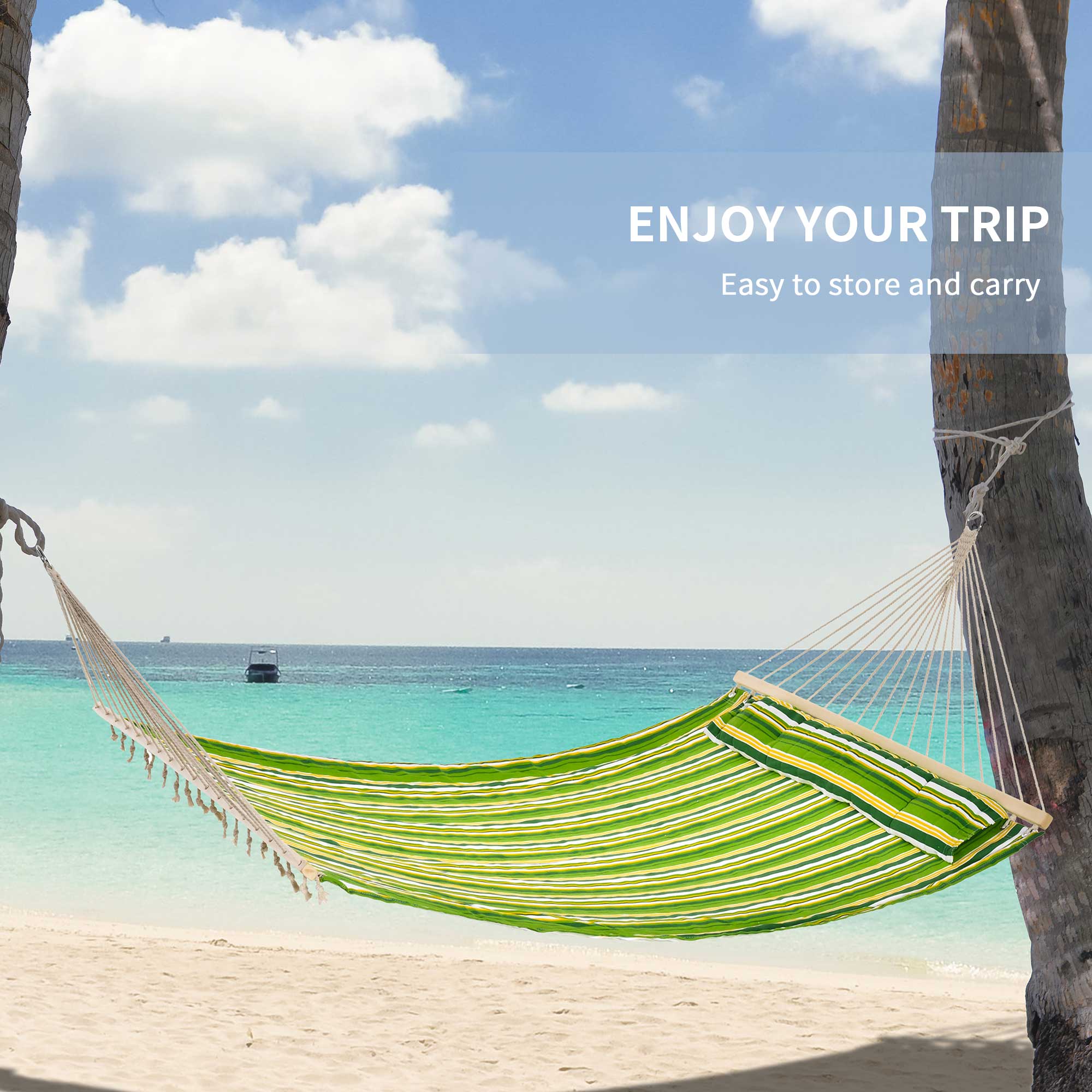 Outsunny Double Cotton Hammock Camping Swing Outdoor Garden Beach Stripe Hanging Bed with Pillow 188L x 140W cm, Green 