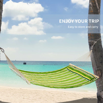 Outsunny Double Cotton Hammock Camping Swing Outdoor Garden Beach Stripe Hanging Bed with Pillow 188L x 140W cm, Green 