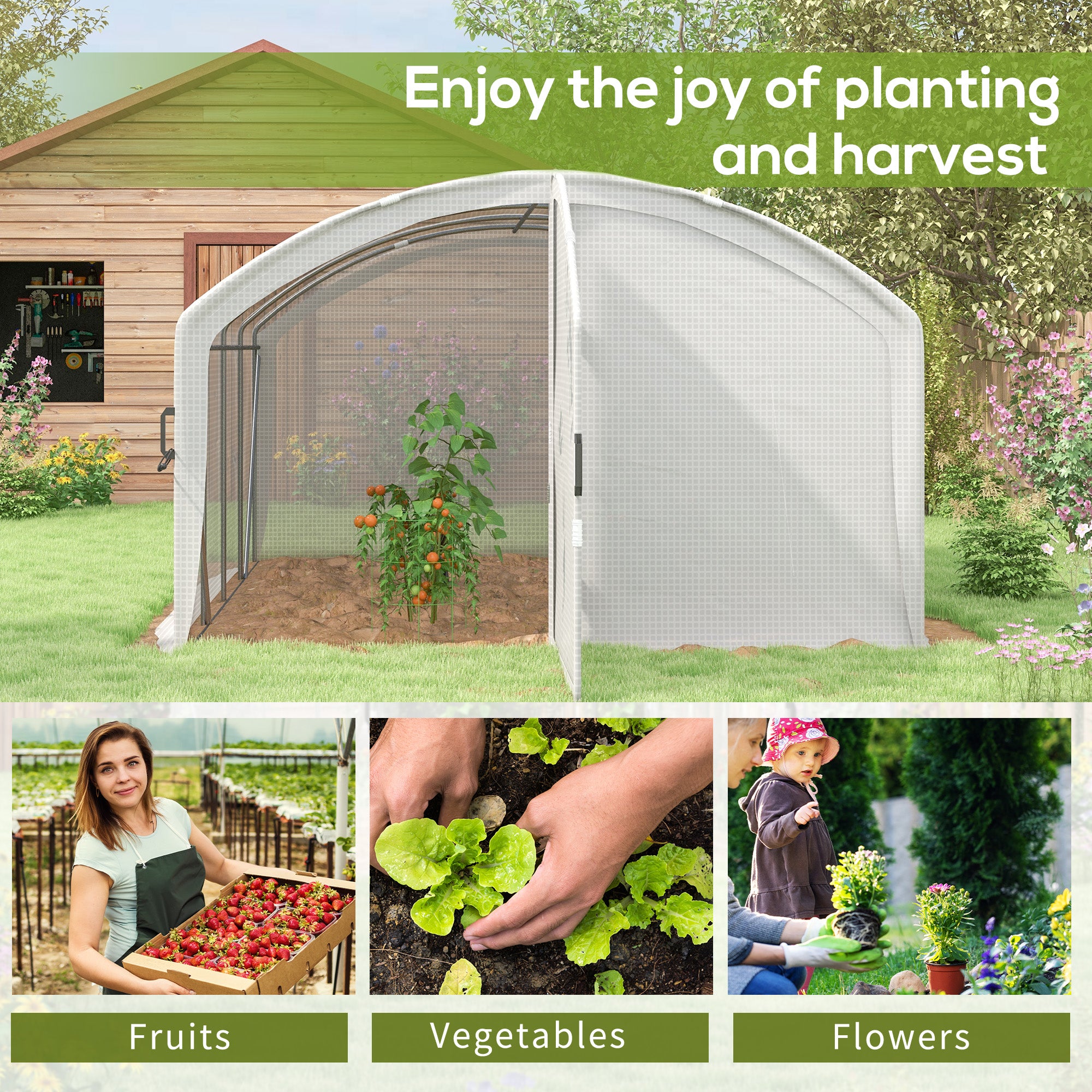 Outsunny Polytunnel Greenhouse Walk-in Grow House with UV-resistant PE Cover, Door, Galvanised Steel Frame, 4 x 3 x 2m, White 