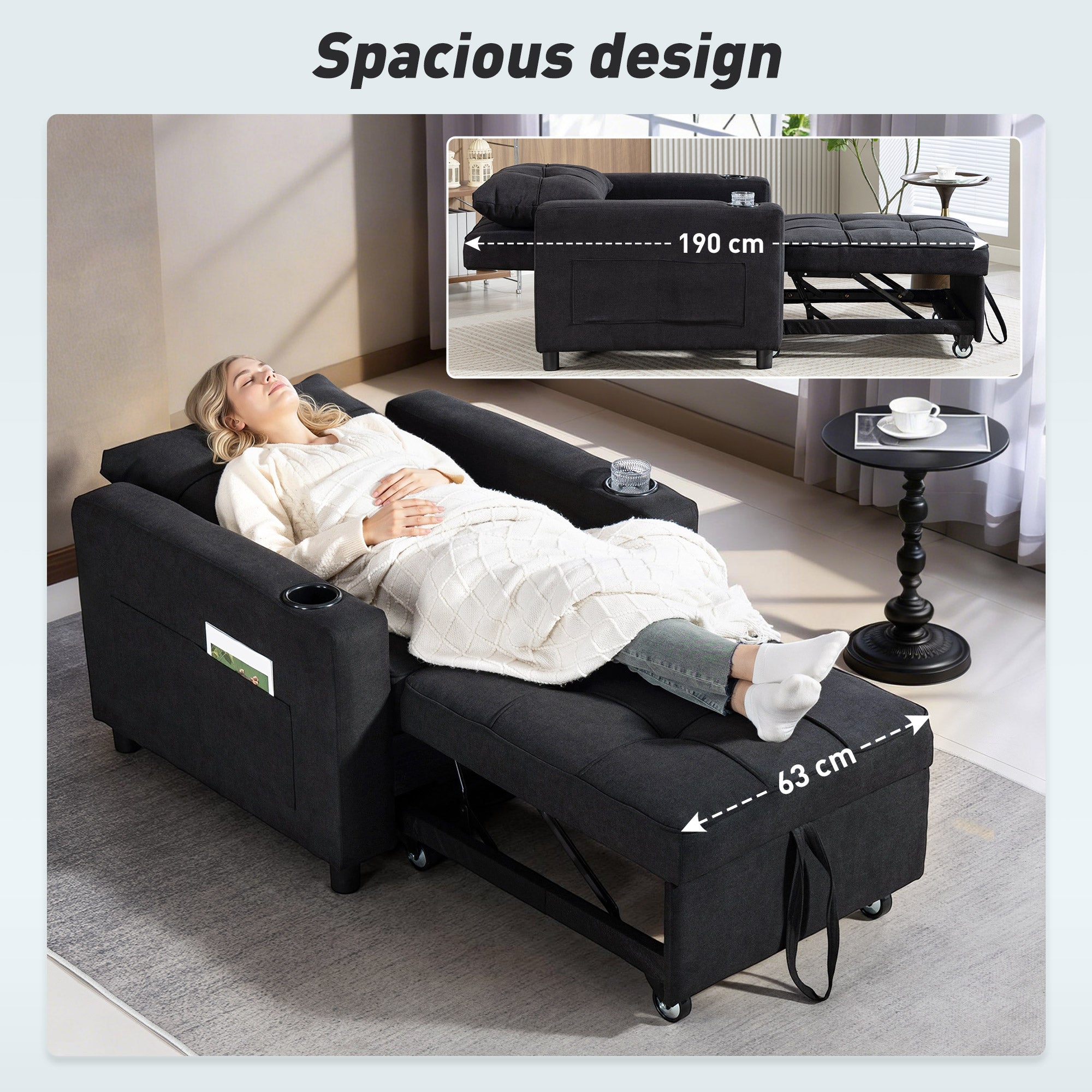 HOMCOM 3-in-1 Single Sofa Bed, Convertible Sleeper Chair Bed - Black 