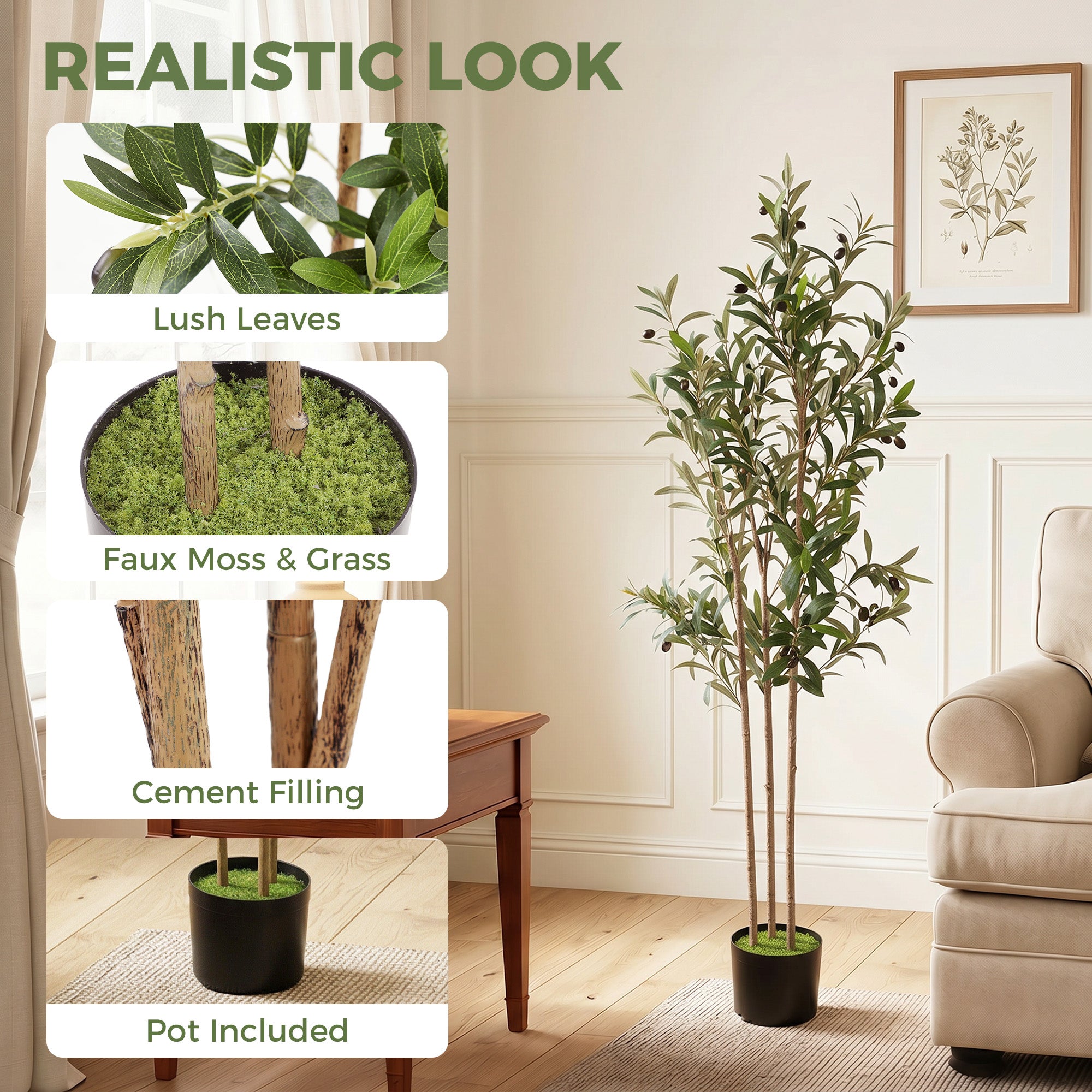 HOMCOM Decorative Artificial Plant, 148 cm Silk Olive Tree with 553 Leaves in Cement Pot, Fake Plant