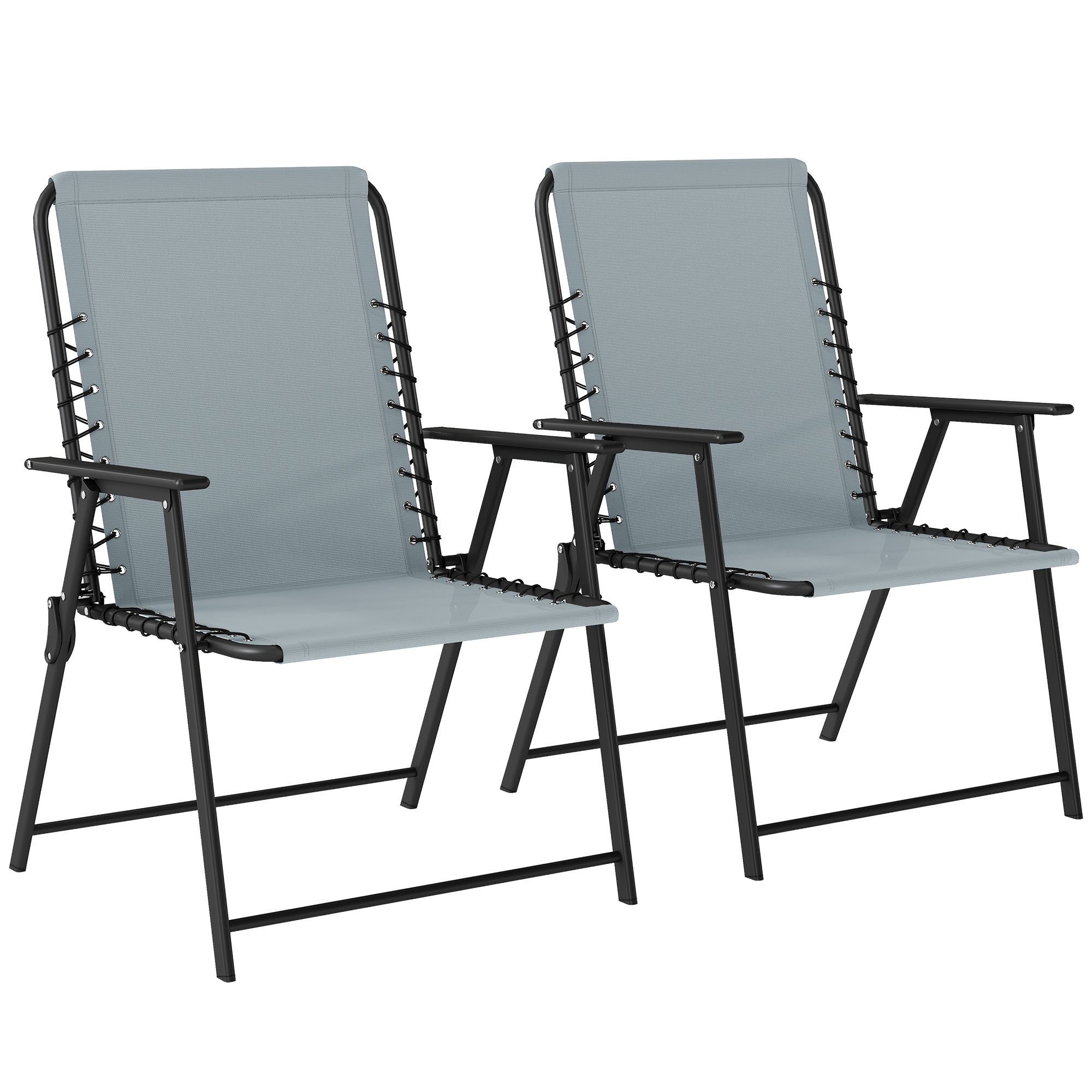 Outsunny Folding Garden Chairs Set of 2, Outdoor Dining Chairs with Wide Texteline Seat, High Back and Armrests, Light Grey 