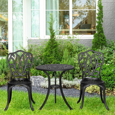 Outsunny 3 Piece Garden Bistro Set, Cast Aluminium Outdoor Furniture Set with Umbrella Hole for Balcony, Porch, Patio, Black 
