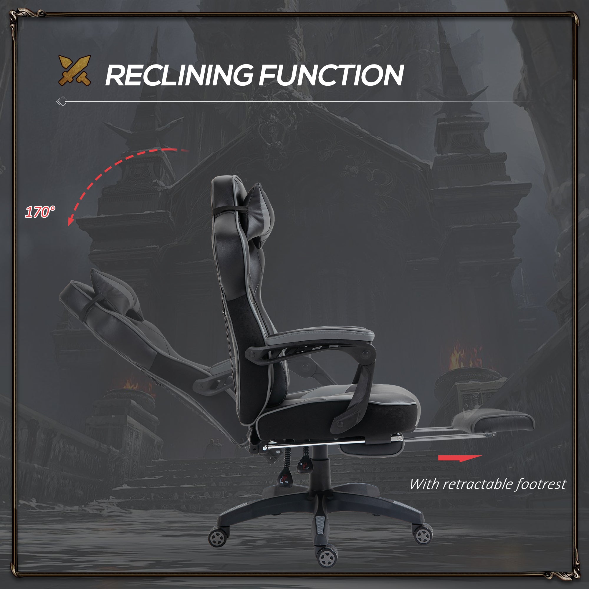 Vinsetto Computer Gaming Chair, Racing Desk Chair with Lumbar Support and Footrest, PU Leather Gamer Chair with Headrest and Swivel Wheels for Home, Grey 