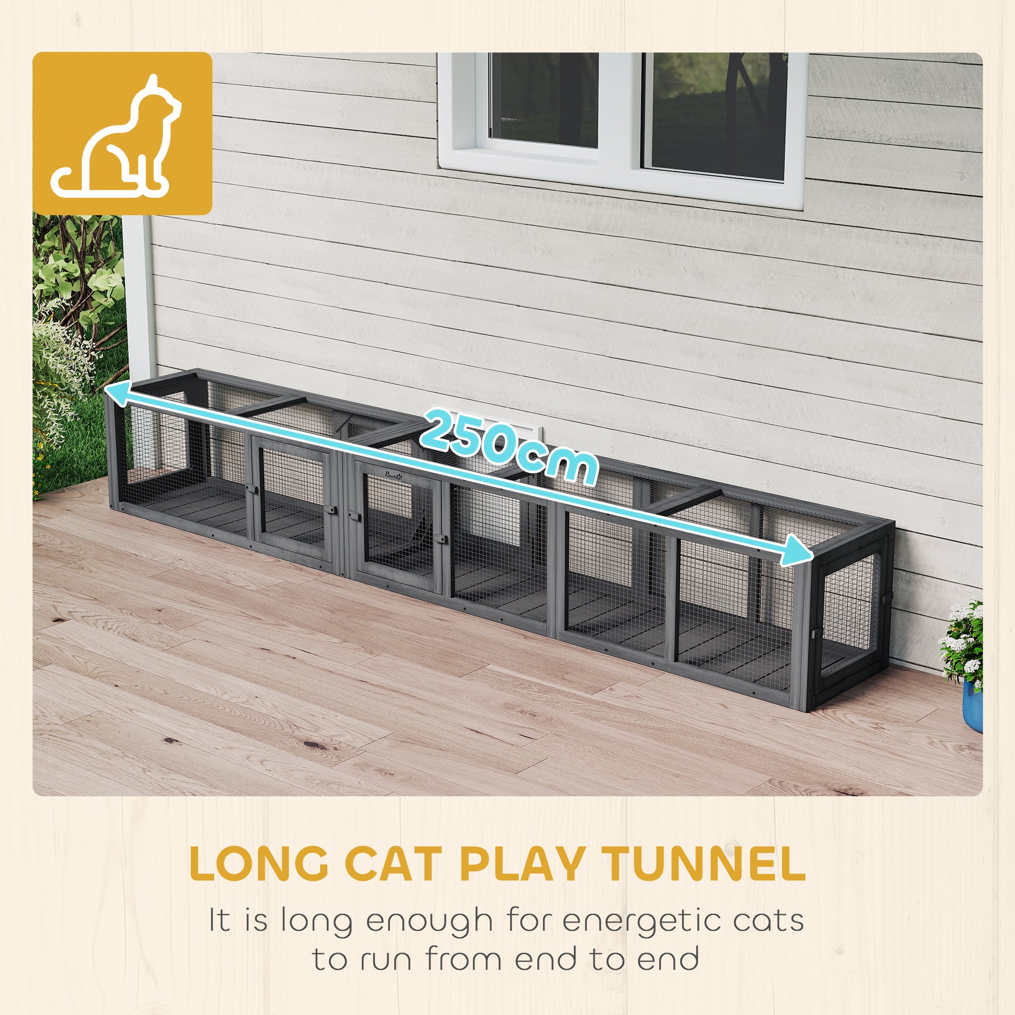 PawHut Cat Tunnel, 250cm Extra Long Wooden Cat Play Tunnel with 8 Doors, L-shape/Rectangle, Outdoor Cat Enclosure, Dark Grey 