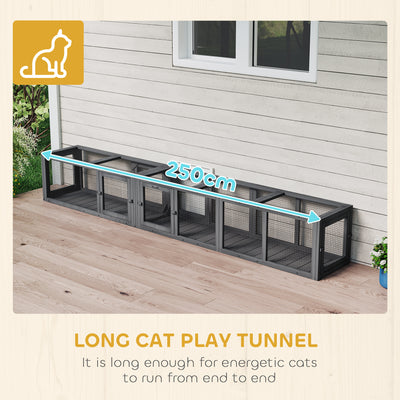 PawHut Cat Tunnel, 250cm Extra Long Wooden Cat Play Tunnel with 8 Doors, L-shape/Rectangle, Outdoor Cat Enclosure, Dark Grey 