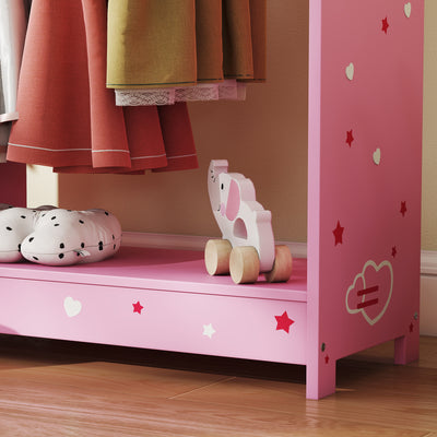 AIYAPLAY Kids Clothes Rail, Kids Wardrobe with Mirror, Shelves, Fabric Storage and Hooks for Bedroom, Nursery, Pink 