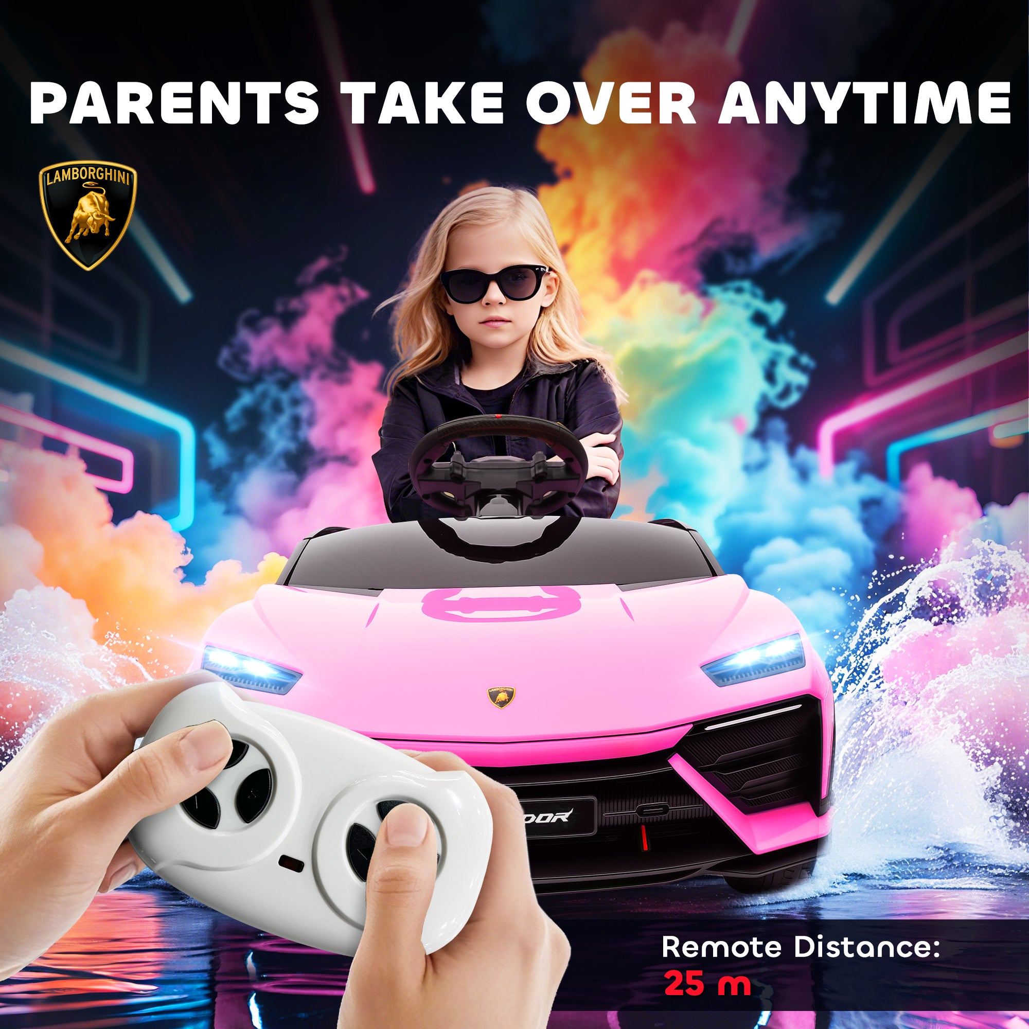 AIYAPLAY 12V Licensed Lamborghini Electric Cars for Kids, Ride On Car with Remote Control for 3-6 Years Old, Pink 