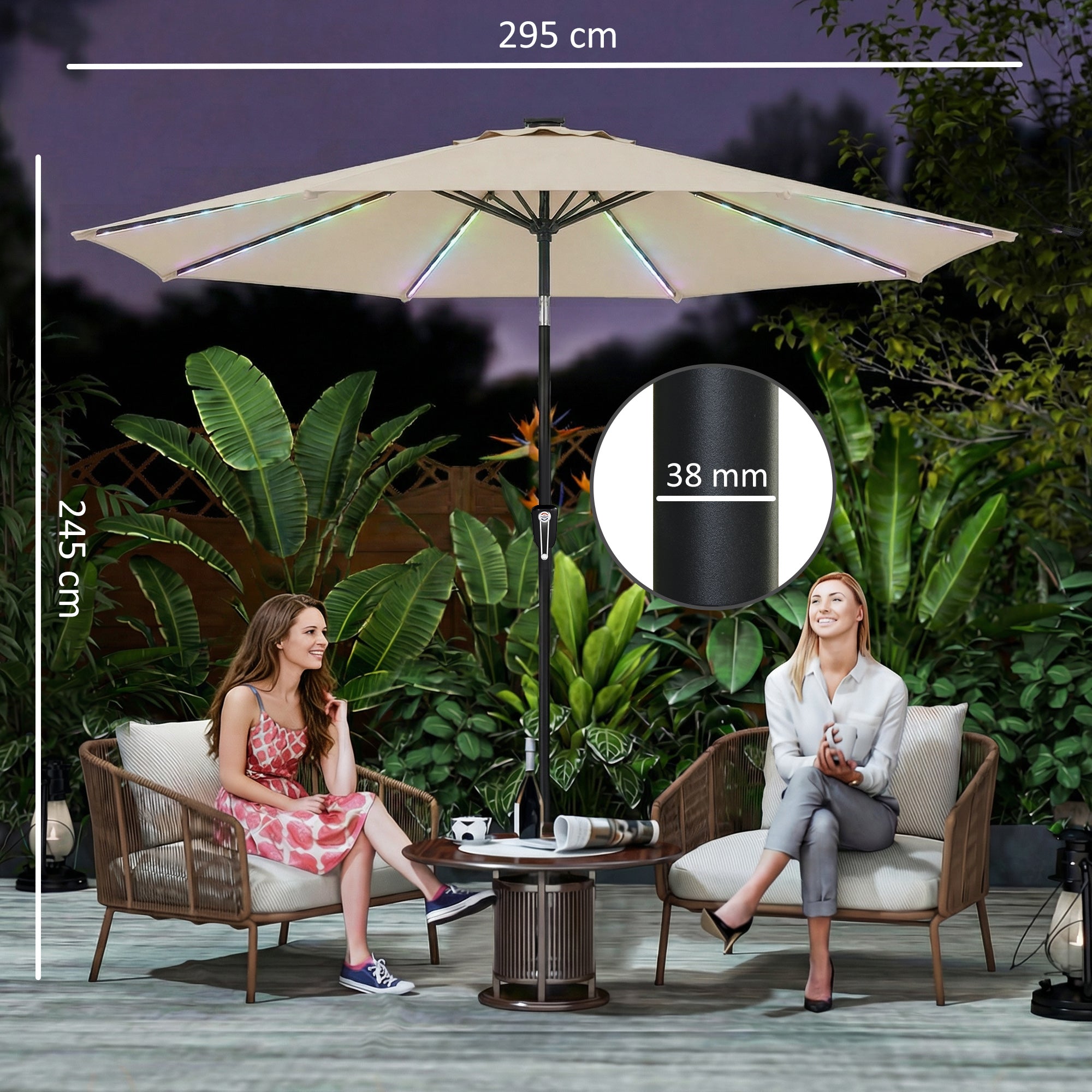 Outsunny 3 m Garden Parasol Umbrella with 112 Solar Powered LED Lights, Patio Umbrella with Crank Handle, Beige 