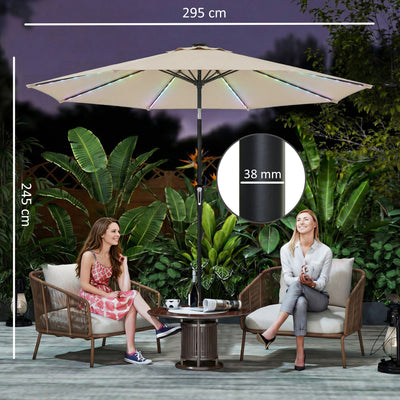 Outsunny 3 m Garden Parasol Umbrella with 112 Solar Powered LED Lights, Patio Umbrella with Crank Handle, Beige 