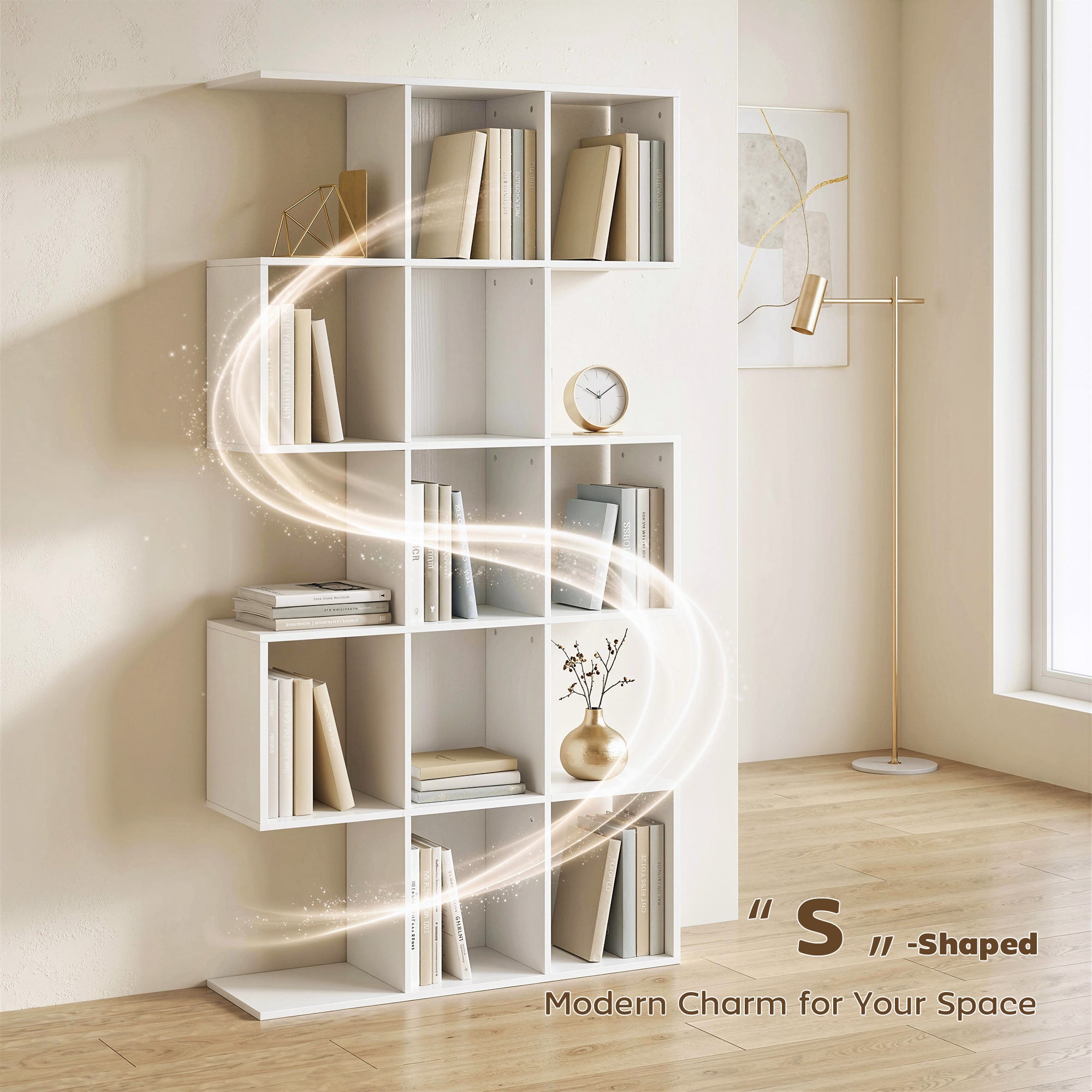HOMCOM 5-Tier Bookshelf, S Shaped Geometric Bookcase with 15 Compartments, White Wood Effect 