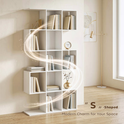 HOMCOM 5-Tier Bookshelf, S Shaped Geometric Bookcase with 15 Compartments, White Wood Effect 