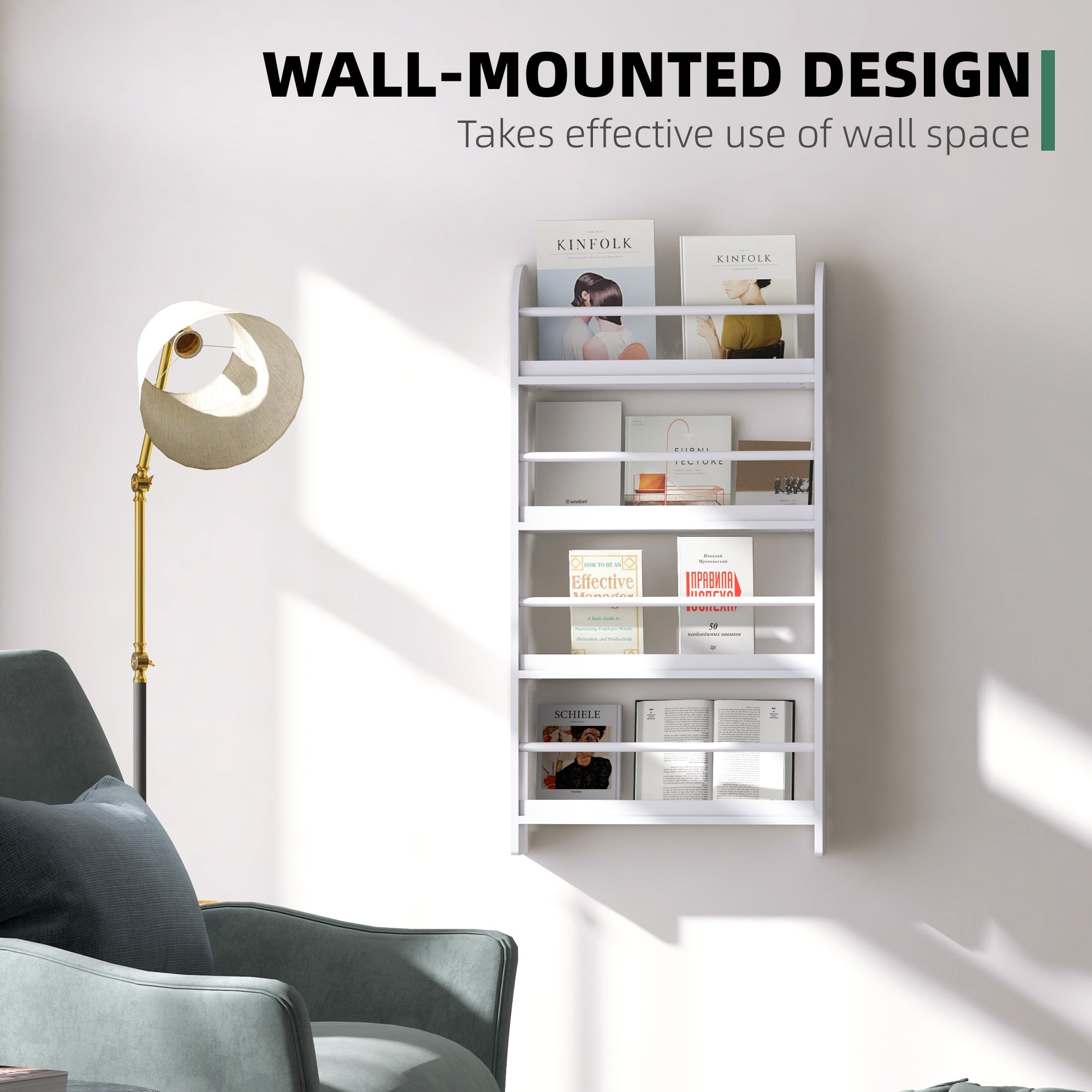 HOMCOM Wood Wall/Standing Magazine Holders Book Rack Shelf 4 Tiers Space Saving Design Water Resist Home Office Decoration 
