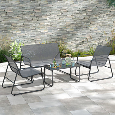 Outsunny 4 Piece Garden Furniture Set Outdoor Patio Sofa Set with Double Chair, Single Chairs and Glass Top Table for Terrace and Balcony, Light Grey 