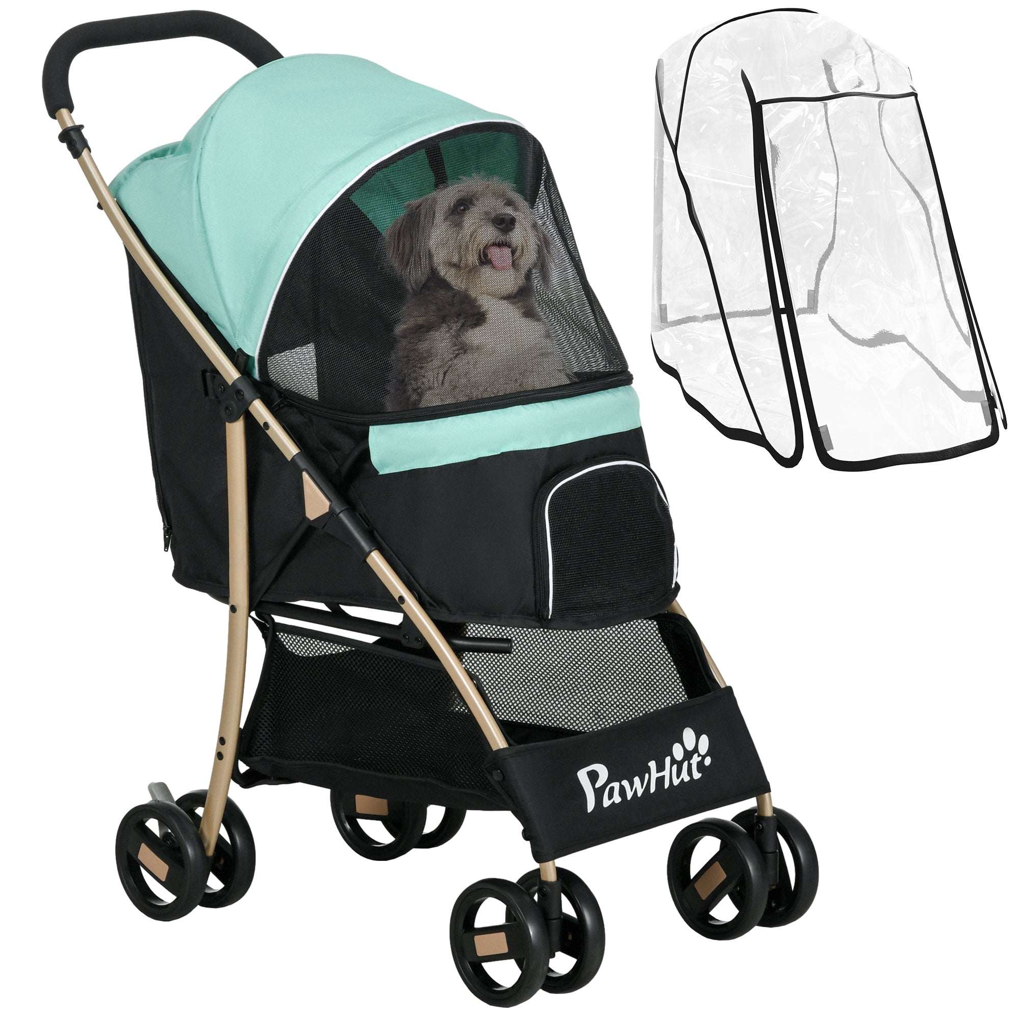 PawHut Pet Stroller for Small and Miniature Dogs, with Rain Cover - Green 