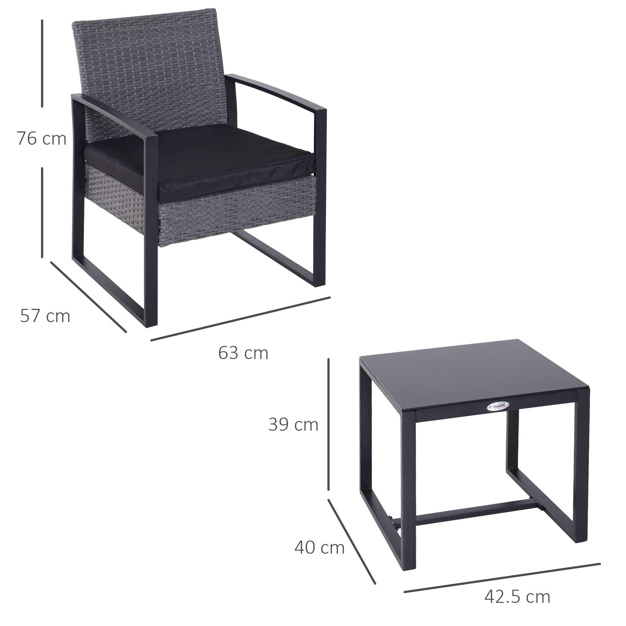 Outsunny 2 Seater Rattan Patio Set W/ Cushions-Grey/Black 