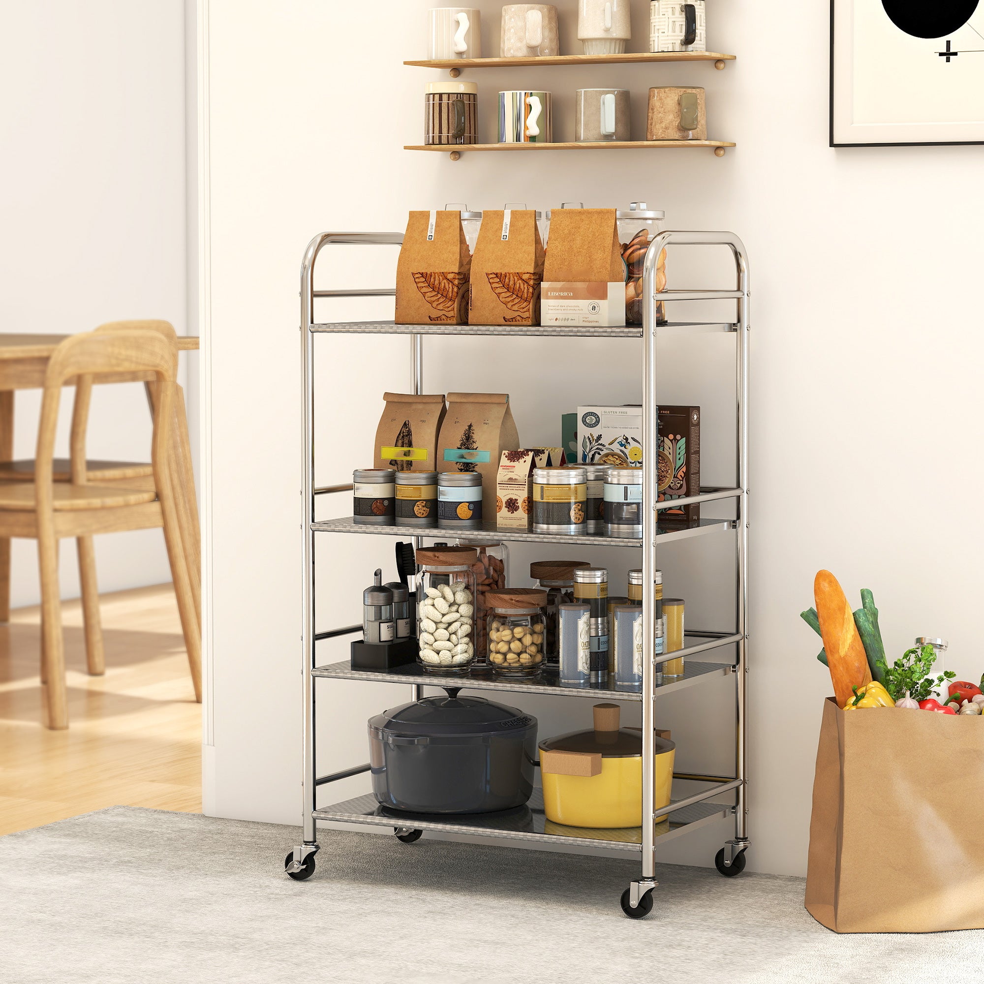HOMCOM 4 Tier Stainless Steel Kitchen Storage Trolley with Adjustable Shelves - Silver 