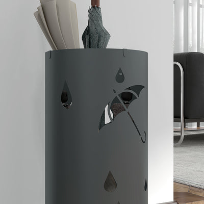 HOMCOM Freestanding Umbrella Stand for Hallway, Round Umbrella Basket with 4 Hooks and Drip Tray for Entryway, Dark Grey 
