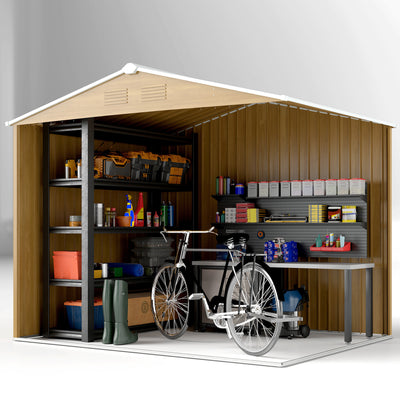 Outsunny 8 x 6ft Outdoor Garden Storage Shed, Metal Tool House with Ventilation and Sliding Doors Chocolate Wood Effect 