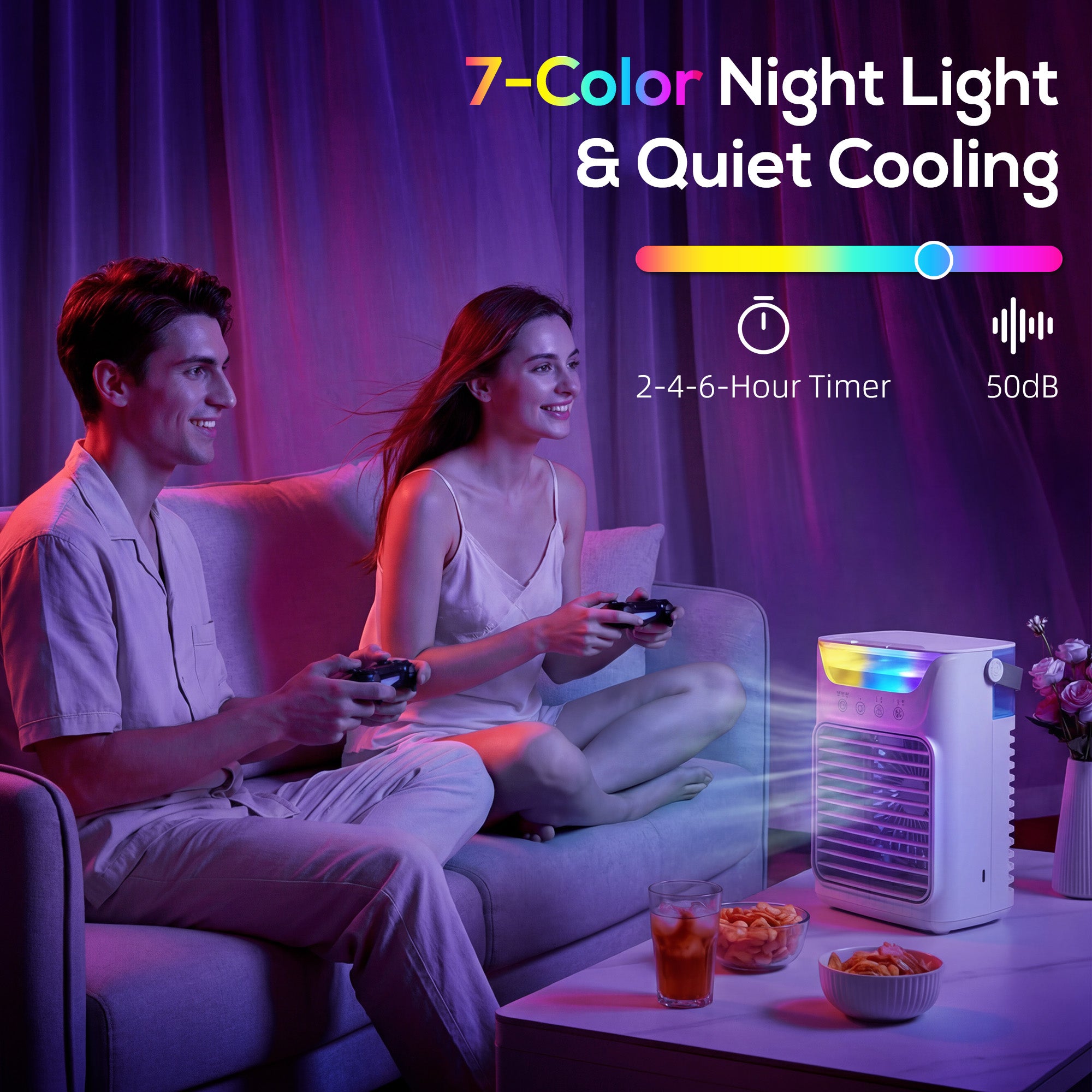 HOMCOM Air Cooler with Adjustable Head, Portable Air Conditioner with 3 Wind Speed, 2 Cool Mist, RGB Light, White 
