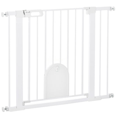 PawHut Dog Gate with Cat Flap Pet Safety Gate Barrier, Stair Pressure Fit, Auto Close, Double Locking, for Doorways, Hallways, 75-103 cm White 