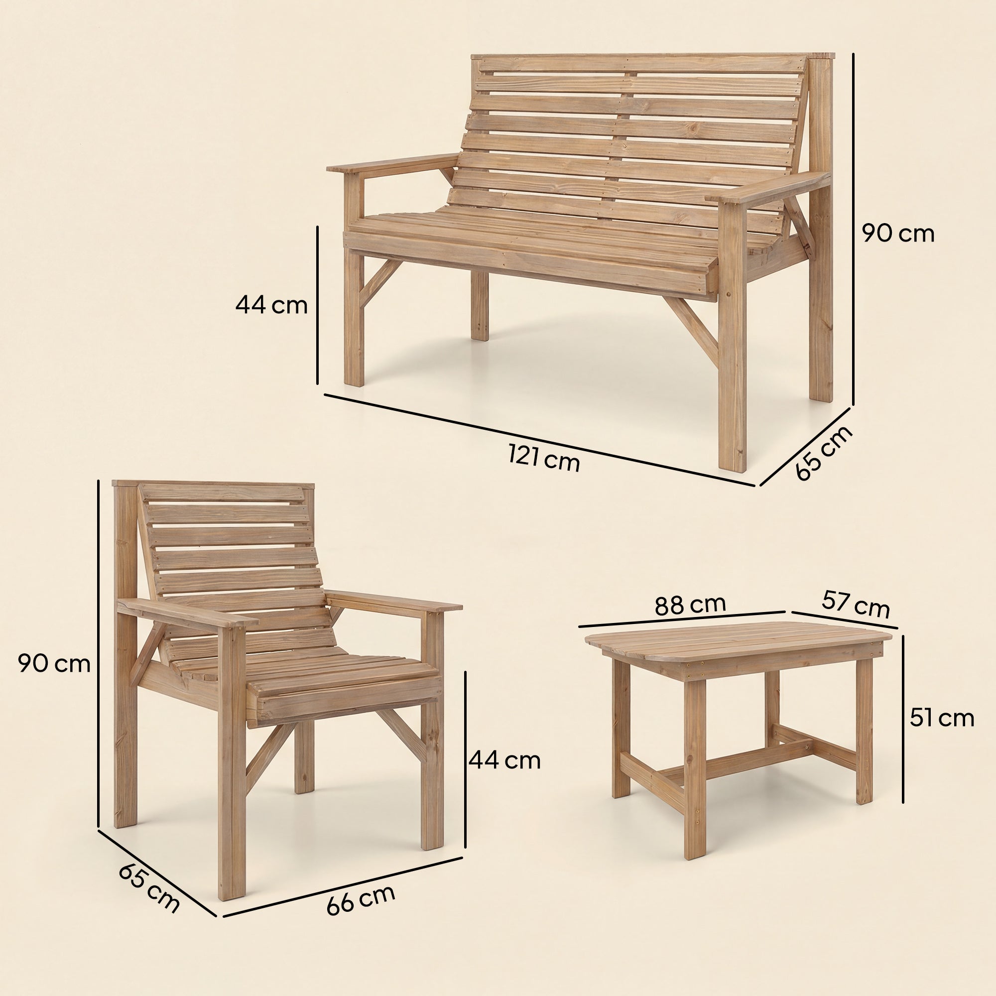 Outsunny 4 Piece Wooden Garden Furniture Set, Outdoor Garden Sofa Set with 2 Armchairs, Loveseat and Coffee Table, Natural Wood 