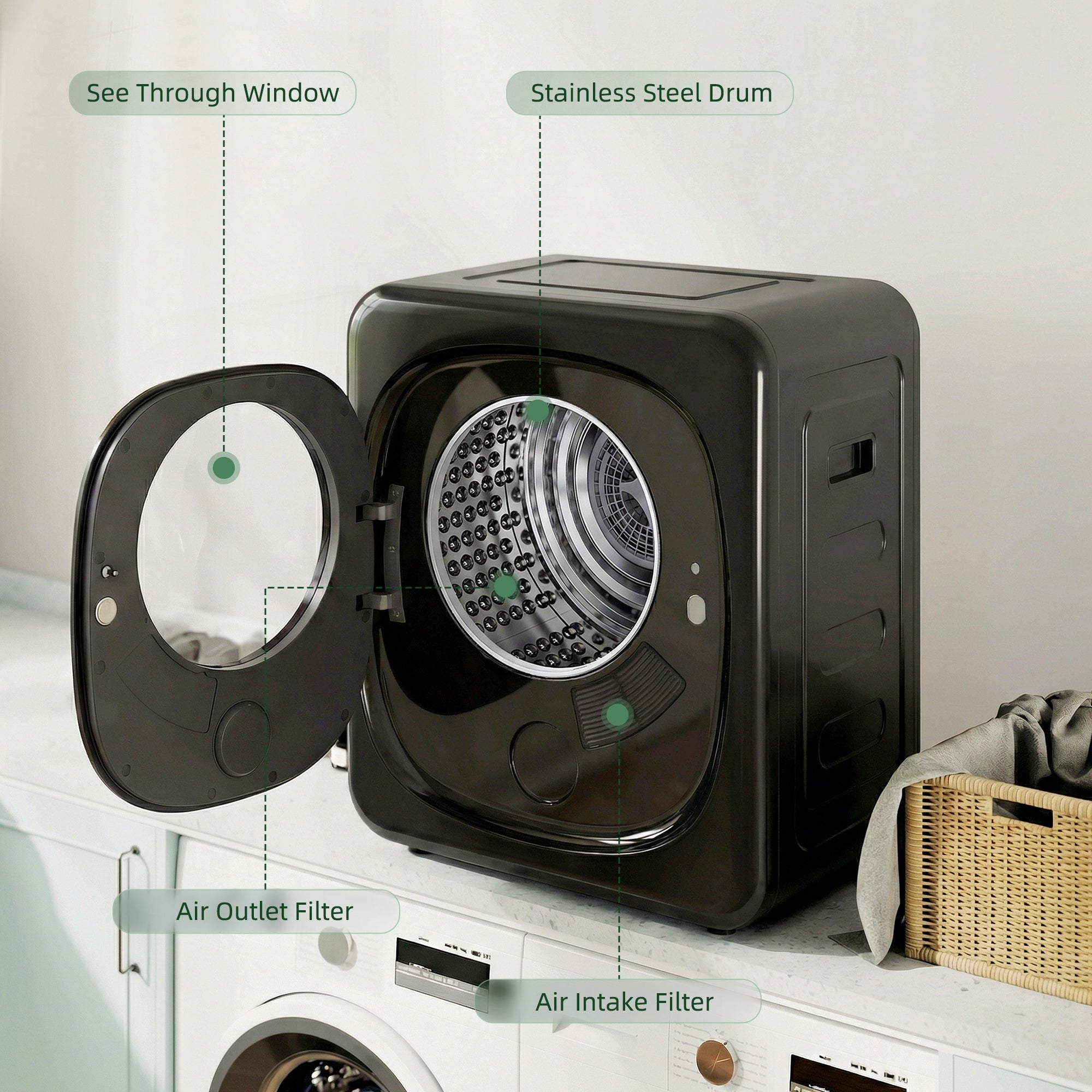 HOMCOM 4kg Vented Tumble Dryer with 5 Drying Mode, 800W Compact Freestanding Front Tumble Dryer Black 