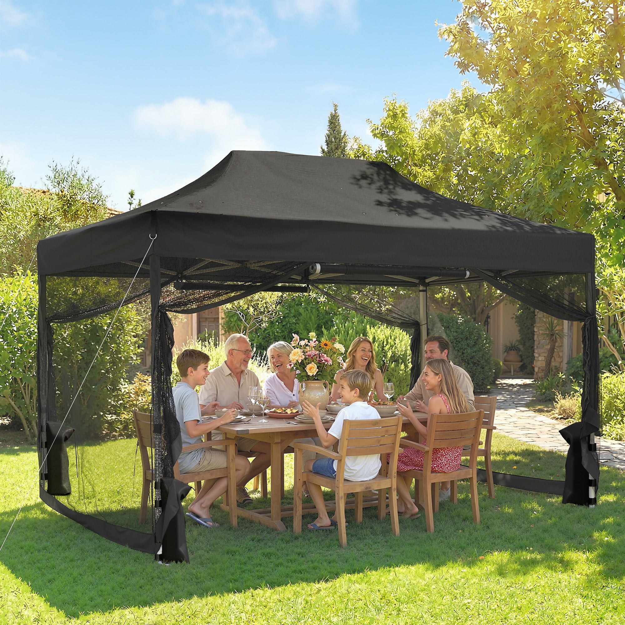 Outsunny 3 x 4.5 m Pop Up Gazebo with Mesh Nettings, UPF50+ Heavy Duty Outdoor Garden Party Tent Marquee, Black 