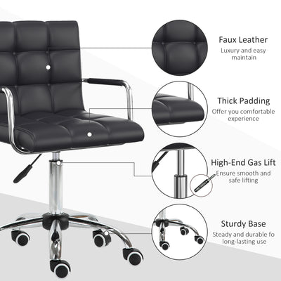 Vinsetto Office Chair, Makeup Vanity Chair, Mid Back Computer Chair, PU Leather Swivel Study Chair with Adjustable Height, Armrest and Rolling Wheels, Black 