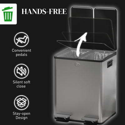 HOMCOM 40L Dual Compartment Stainless Steel Bin, with Deodoriser Holders - Silver Tone 