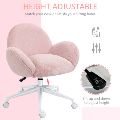 HOMCOM Makeup Vanity Chair, Cute Fluffy Desk Chair with Rolling Wheels for Bedroom Living Room, Pink 