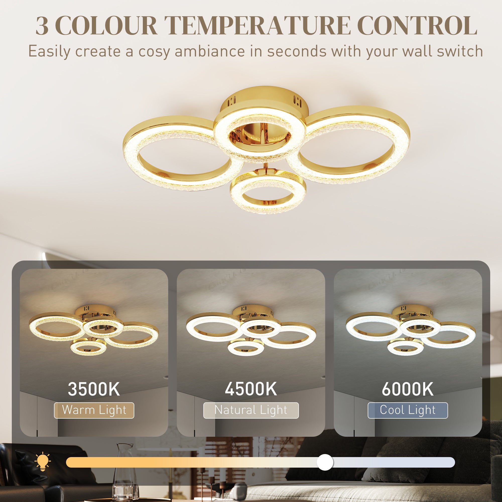 HOMCOM LED Ceiling Light, Modern Dimmable 4 Rings Ceiling Lamp with Wall Switch, 40W 4350lm Flush Mount Ceiling Light with 3500K/4500K/6000K Colour Temperatures for Living Room, Bedroom, Gold Tone 