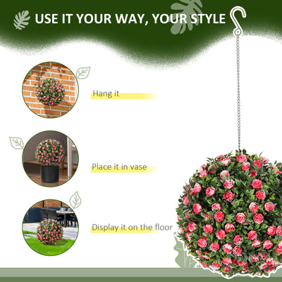 HOMCOM Set of 2 Decorative Artificial Plants, UV-protected Artificial Plant Topiary Rose Balls, Fake Plants for Home Indoor outdoor Decor, 28cm, Pink 