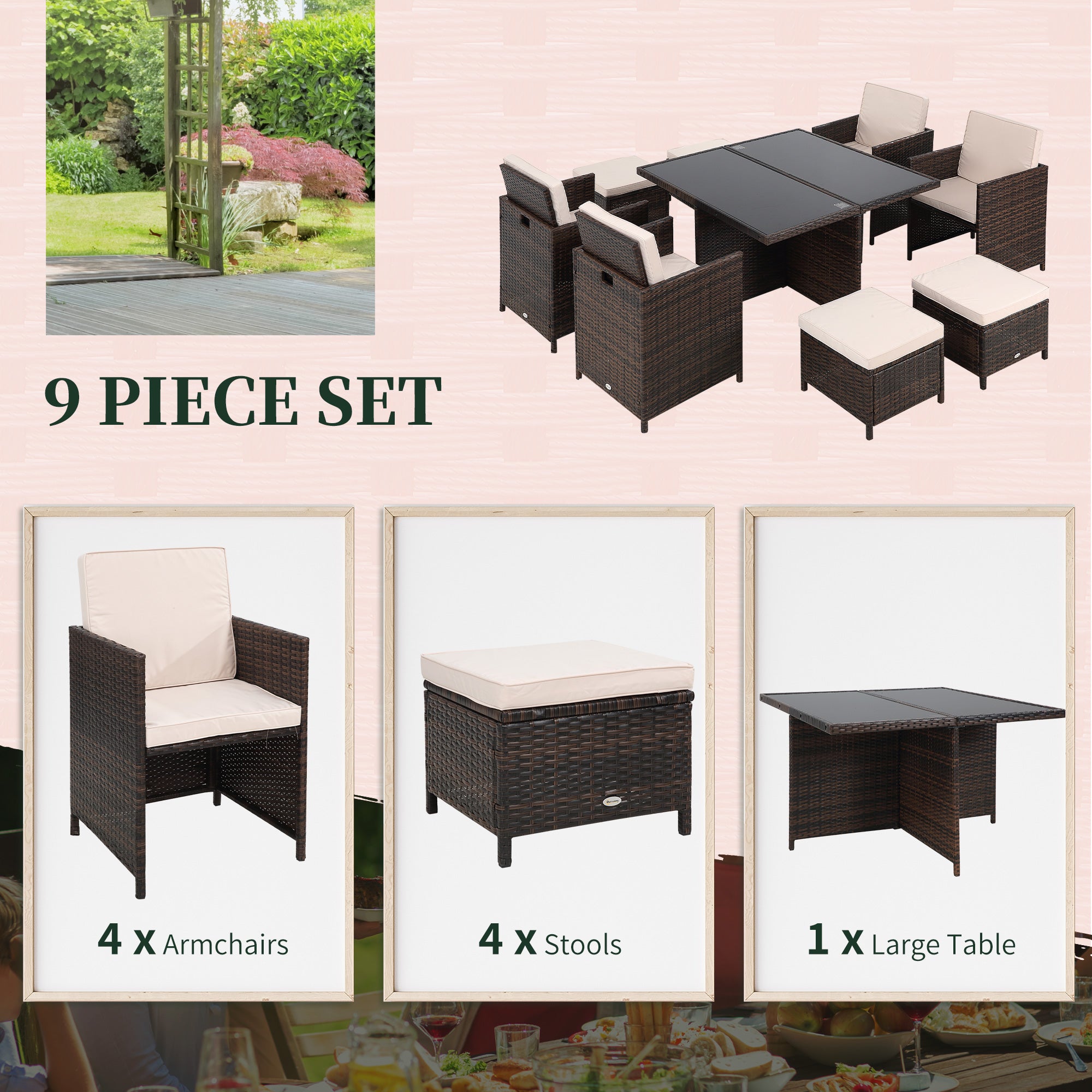 Outsunny 8 Seater Rattan Cube Garden Furniture Set, Rattan Dining Set with Cushions, Outdoor Dining Table and Chairs with 4 Armchairs, 4 Stools, Square Glass Top Table for Patio, Balcony, Brown 