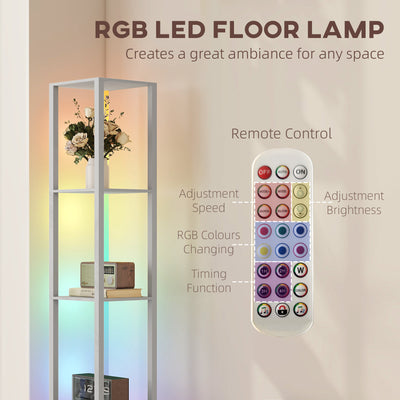 HOMCOM RGB LED Floor Lamp with Shelves, Modern Dimmable Standing Lamp with Remote Control, Adjustable Brightness & Speed for Living Room, Bedroom, Office, Grey 