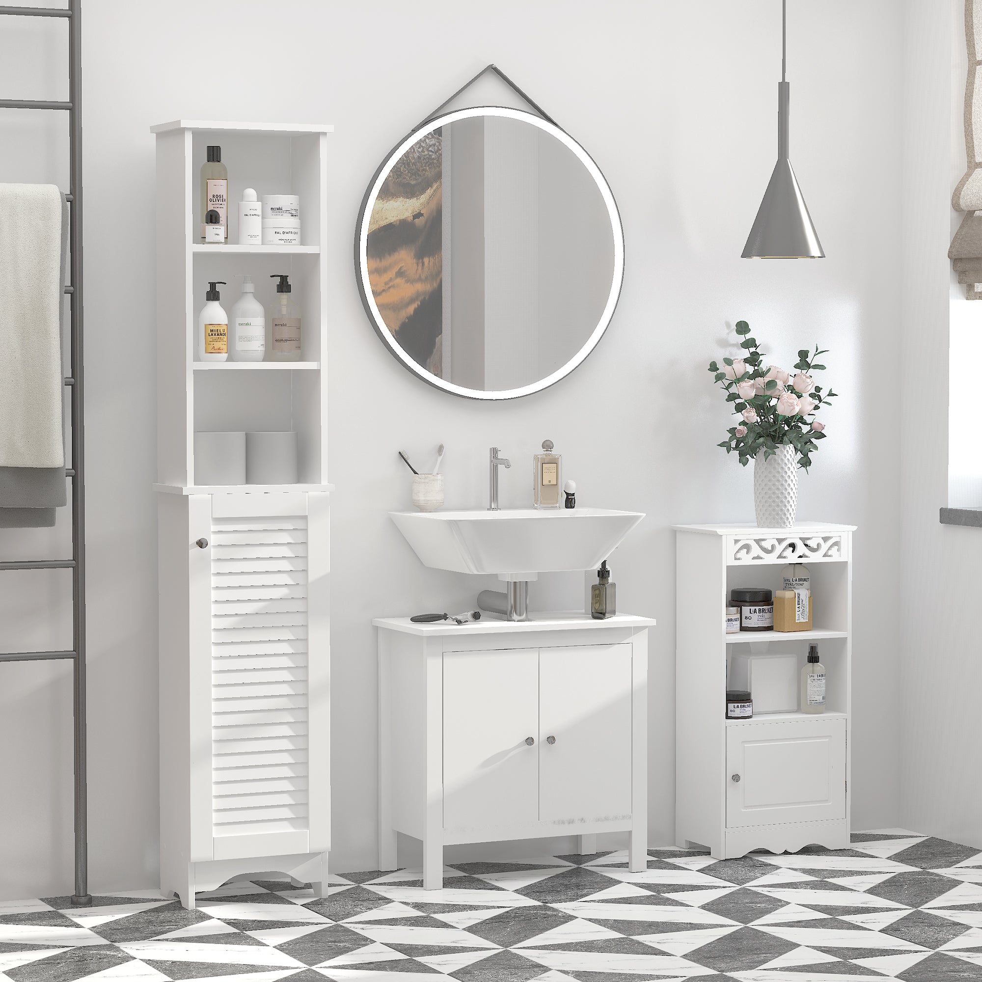 HOMCOM Tall Bathroom Cabinet Storage Cupboard Floor Standing Home Bathroom Furniture w/ 6 Shelves 165H x 34W x 20D cm White 