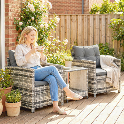 Outsunny Rattan Bistro Set, 3 Piece Garden Furniture Set with 2 Tier Glass Top Table and Cushions, Mixed Grey 