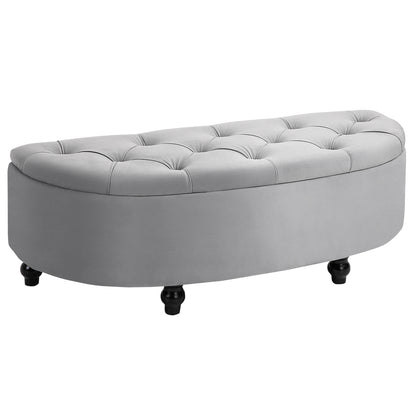 HOMCOM Semi-Circle Ottoman Storage Bench, Bed End Bench, Tufted Upholstered Window Seat Footrest Stool with Rubberwood Legs for Bedroom & Entryway, 120 x 46 x 42 cm, Light Grey 