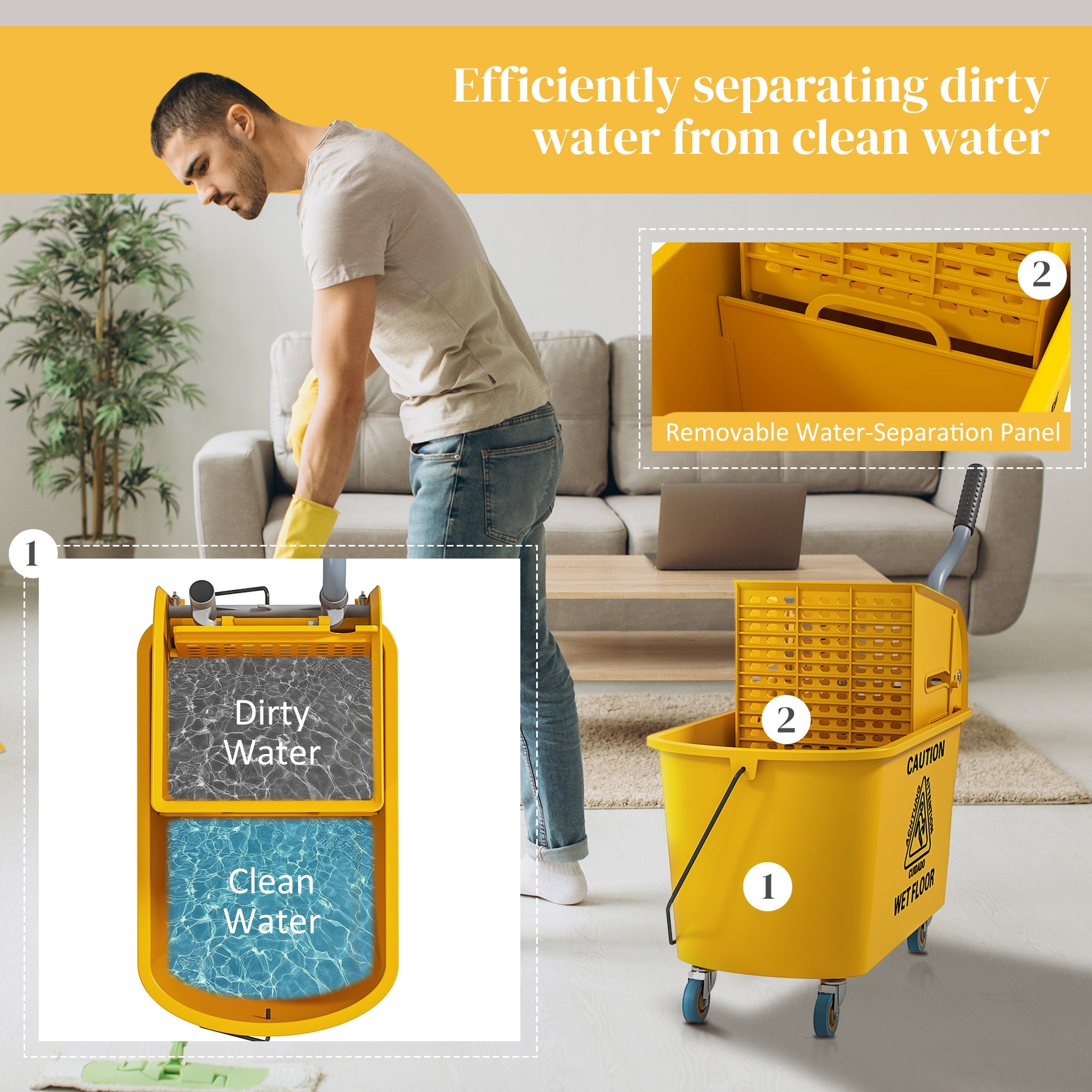HOMCOM Mop Bucket with Wringer Set on Wheels for Floor Cleaning, 20 Litre Side Press Wringer with Handle and Mop, Yellow 