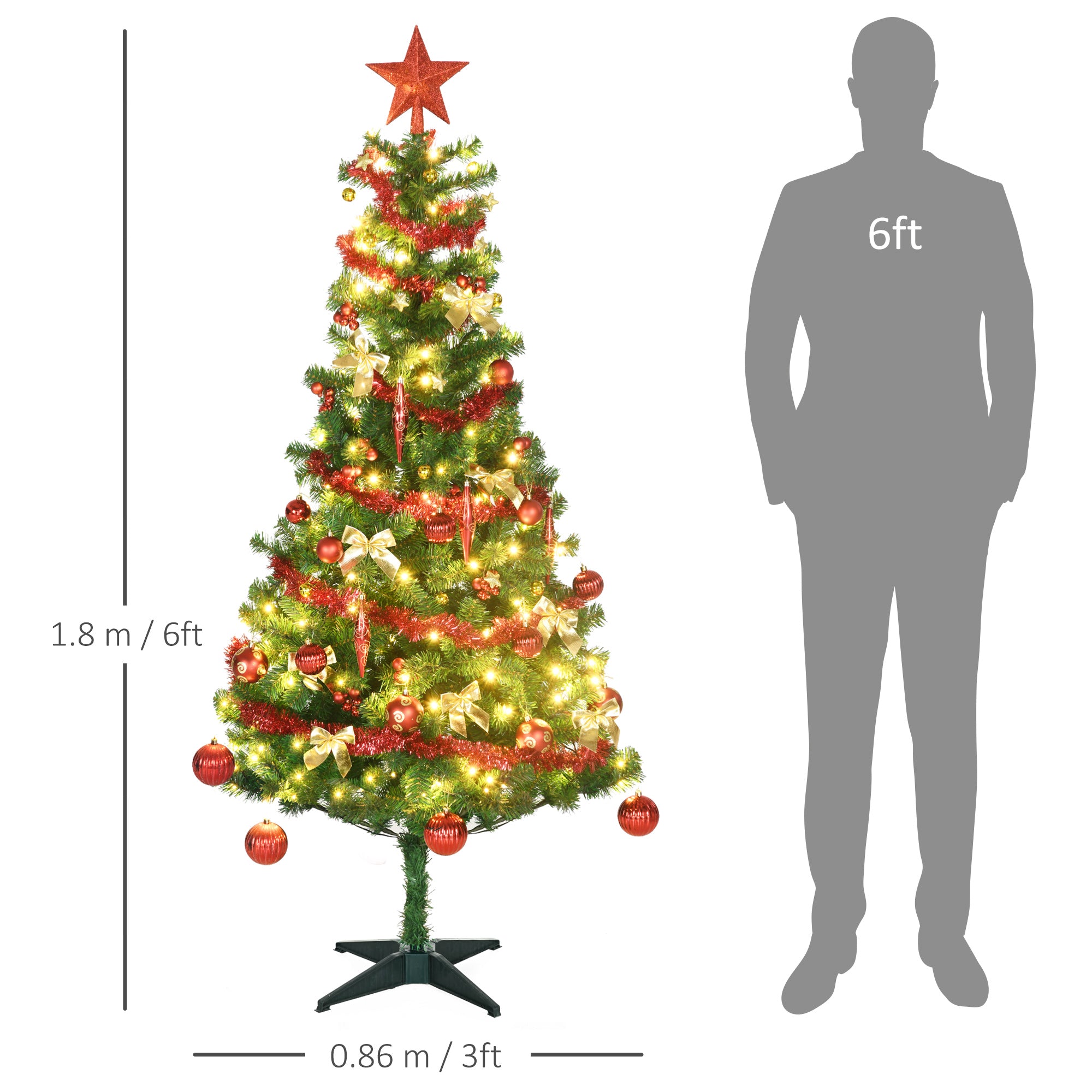 HOMCOM 6' Artificial Prelit Christmas Trees Holiday D\'c3\'a9cor with Warm White LED Lights, Auto Open, Tinsel, Ball, Star