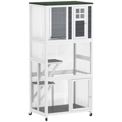 PawHut Wooden Catio Cat Outdoor Enclosure, Cat Cage with Waterproof Roof, Platforms, for Multiple Cats, White 