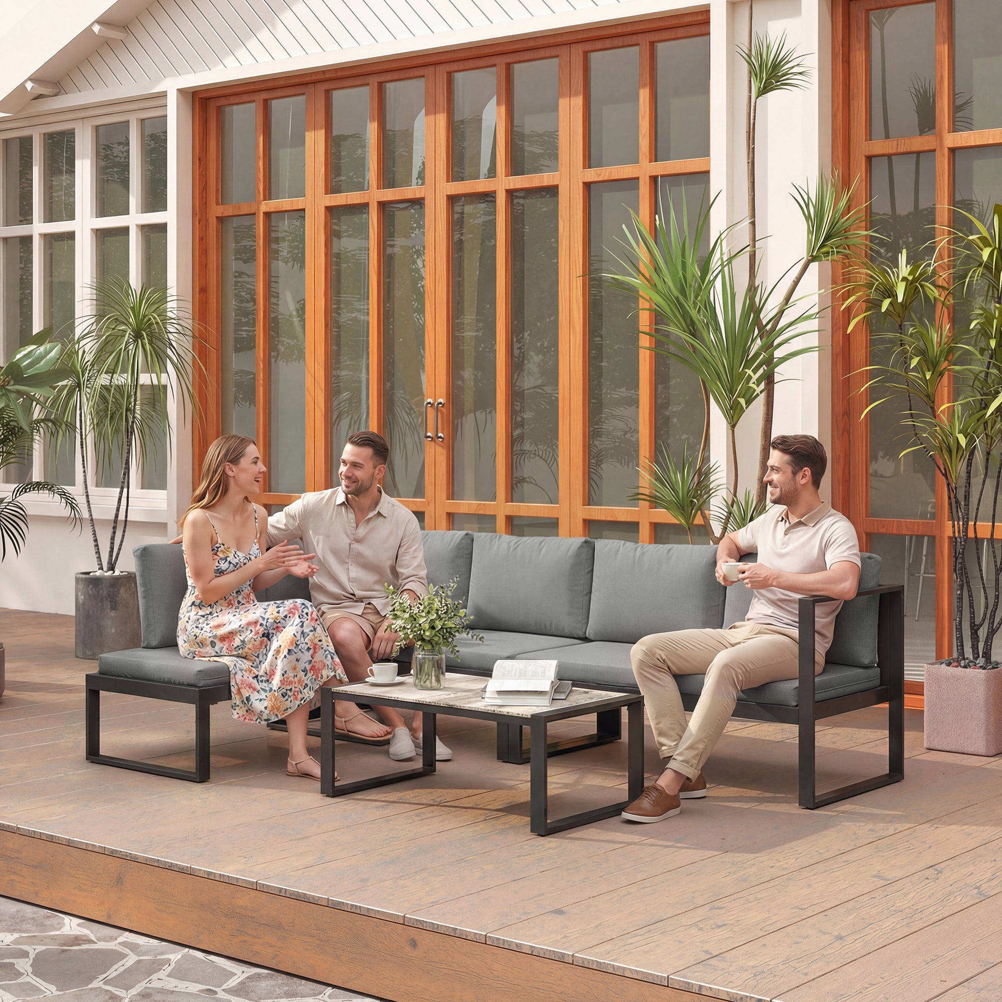 Outsunny 4 Piece Garden Furniture Set, Garden Sofa Set with 2 Loveseats, Armless Chair, Coffee Table for Balcony, Dark Grey 