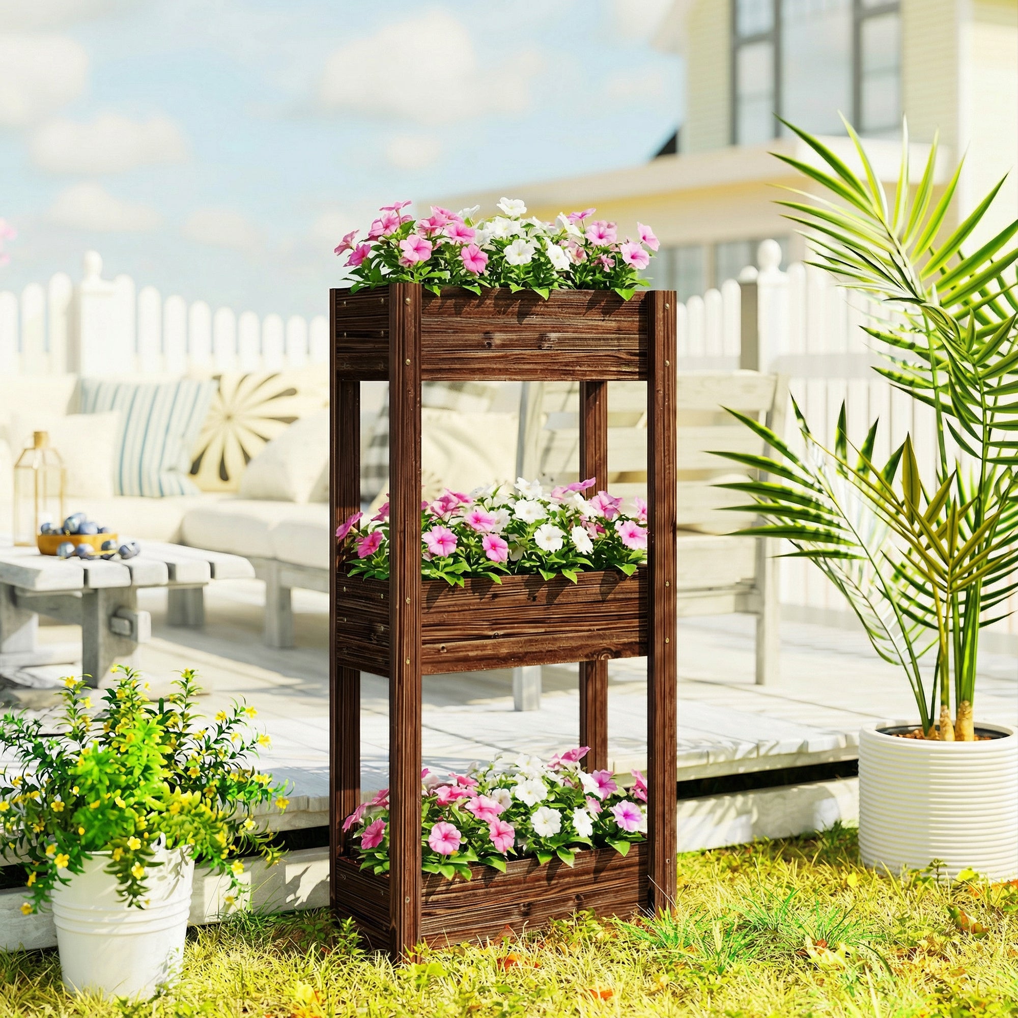 Outsunny 3-Tier Wooden Raised Planter, Raised Garden Bed on Legs with Drainage Holes and Bed Liner, Elevated Garden Planter 